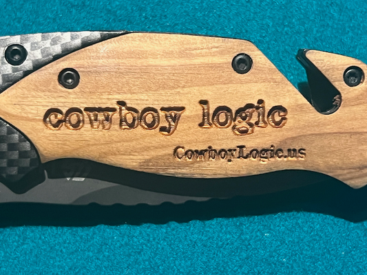 Cowboy Logic Engraved Olive Wood Handle Pocket Knife image 1
