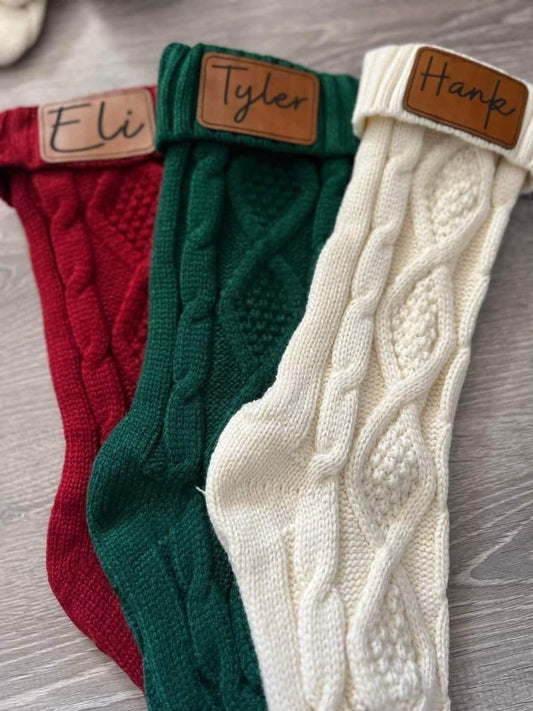Festive Knitted Christmas Stockings with Personalized Patch image 1