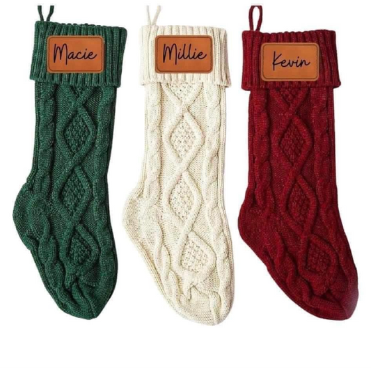 Festive Knitted Christmas Stockings with Personalized Patch image 0