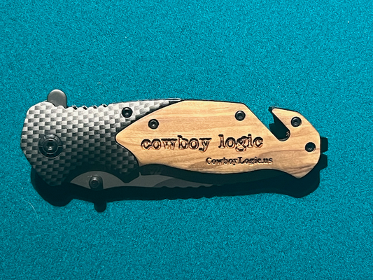 Cowboy Logic Engraved Olive Wood Handle Pocket Knife image 0