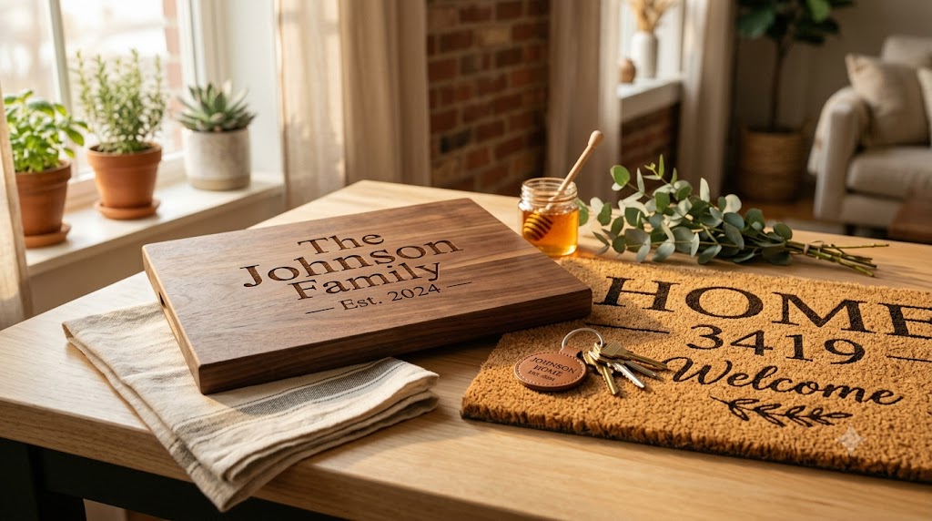Custom laser engraved realtor closing gift set including cutting board, keychain, and SOLD BY sign — Romika Designs DFW