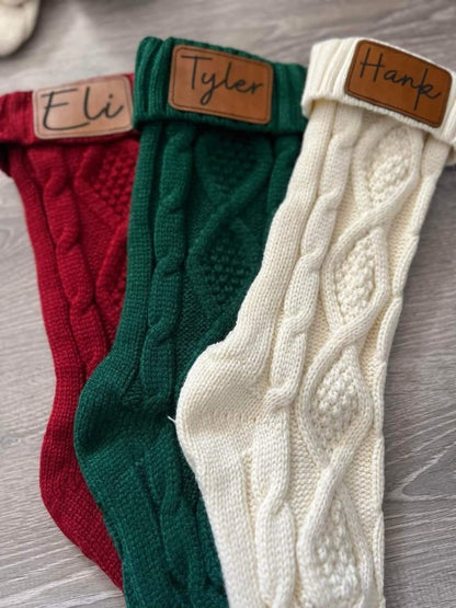 Festive Knitted Christmas Stockings with Personalized Patch image 1