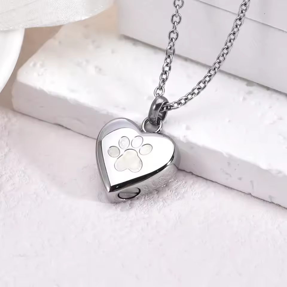 Stainless Steel Heart Paw Print Urn Necklace for Pet Ashes image 0